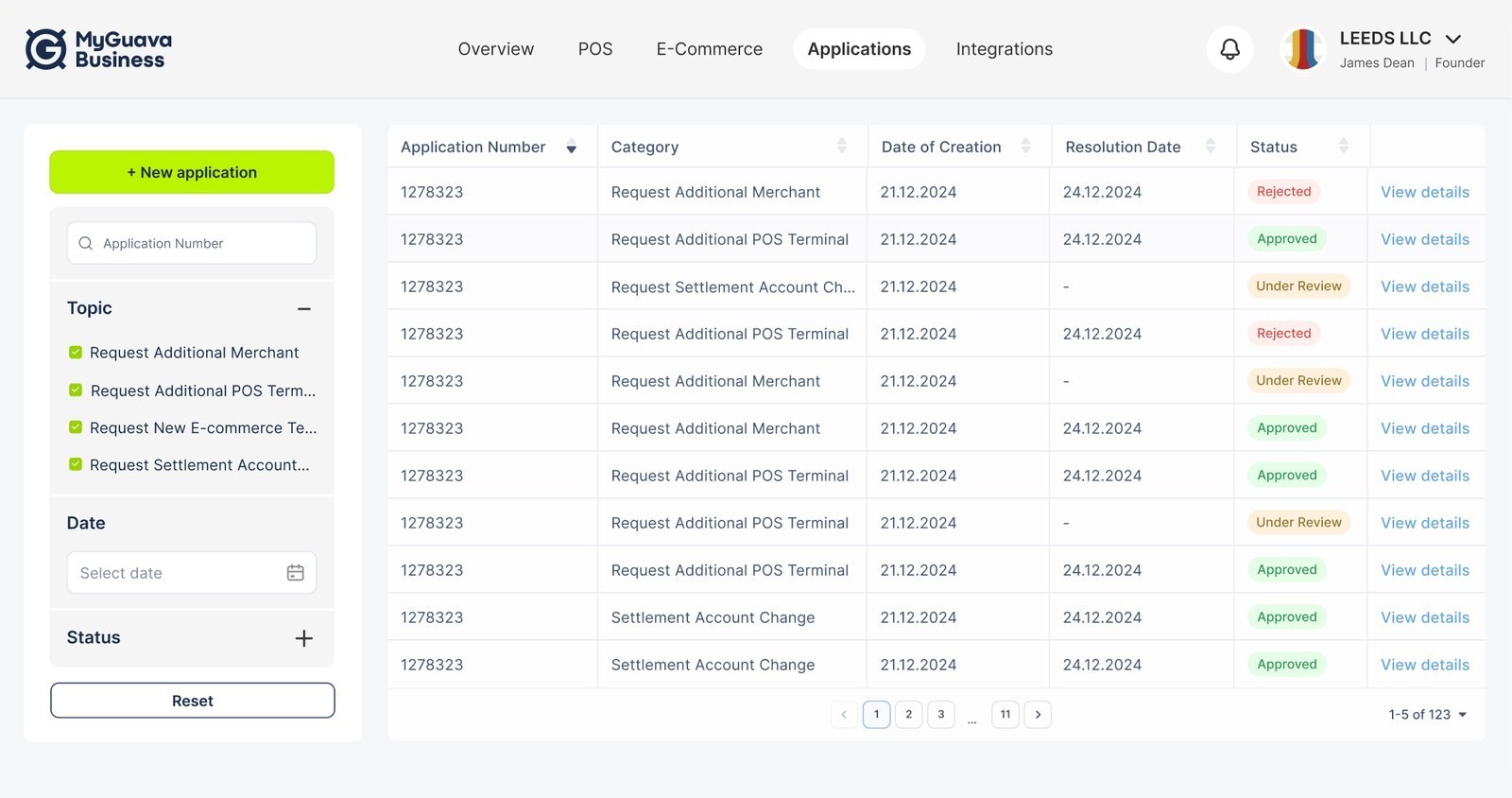 Applications: filters on the left, the list of applications with their status