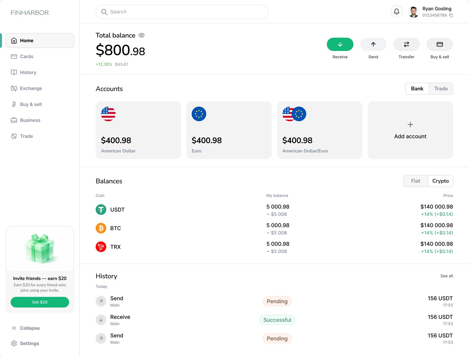 Finharbor web home: total balance, accounts, balances and history