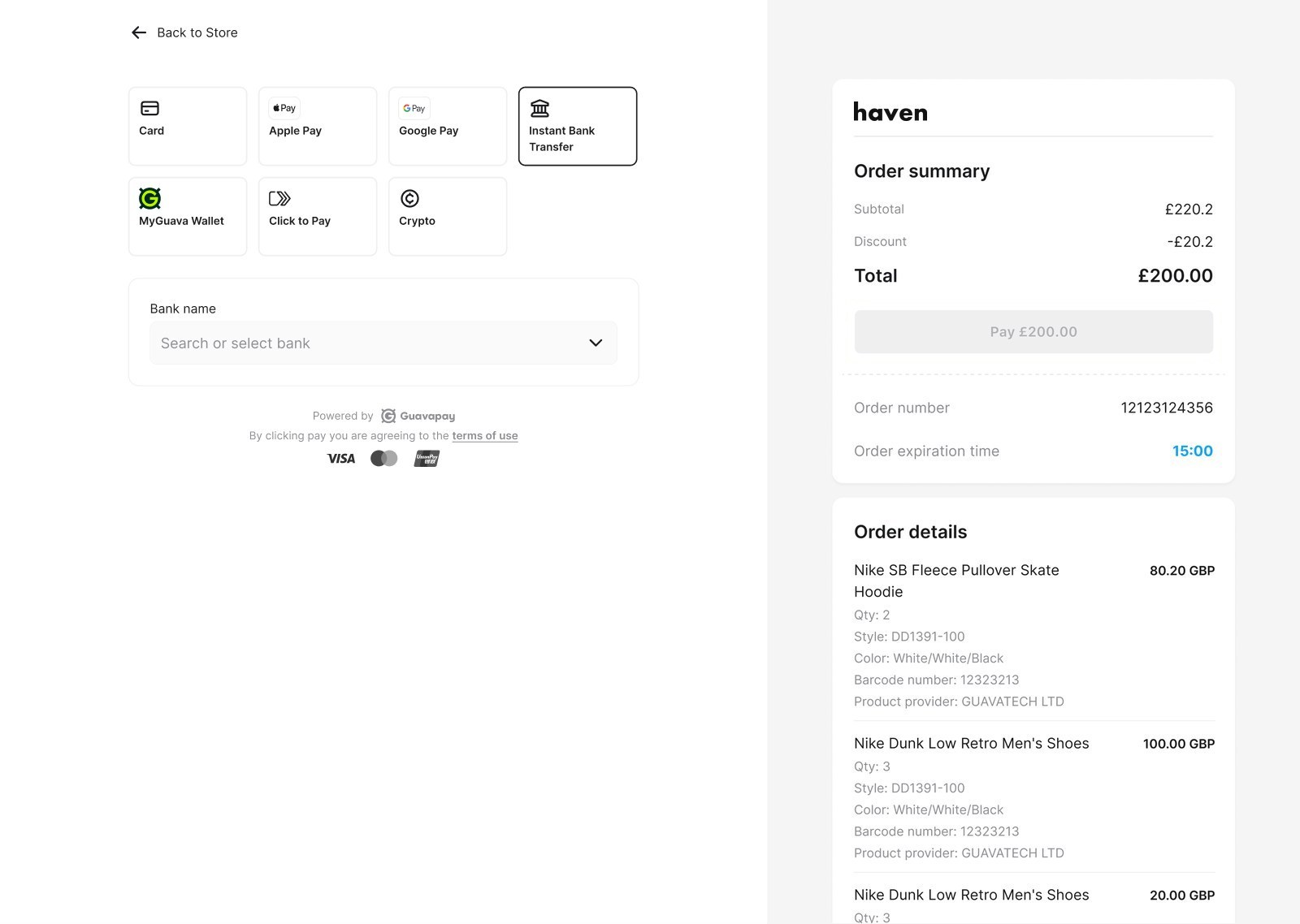 Instant bank transfer: pick a bank by search, then pay by scanning the QR code