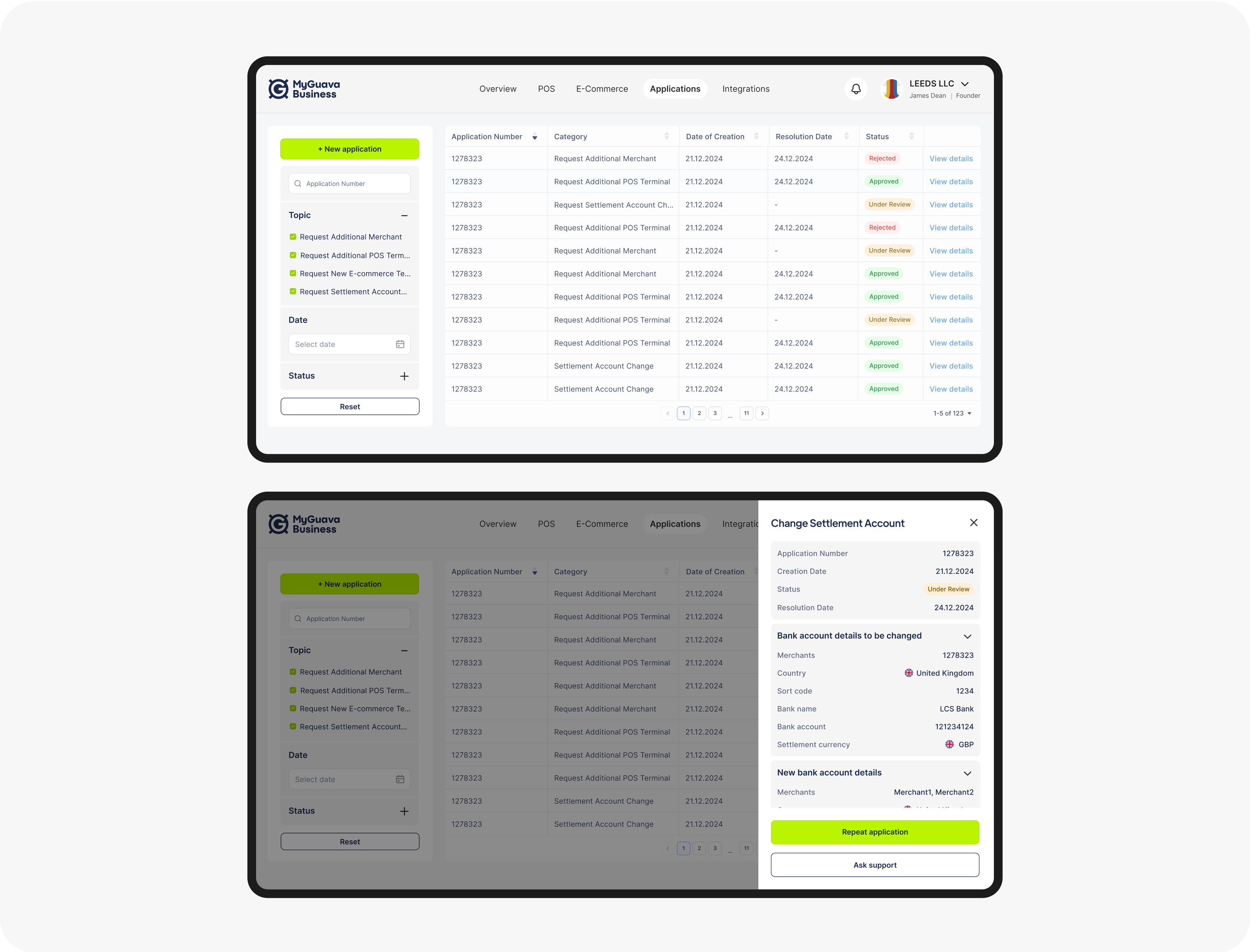Applications dashboard