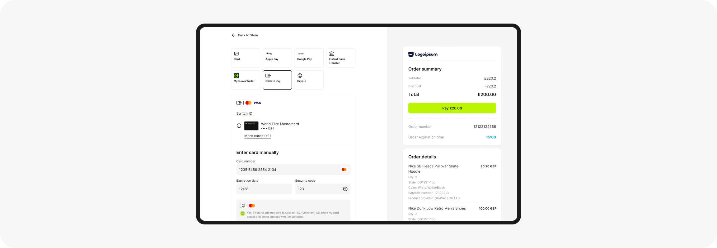 One-click payment interface
