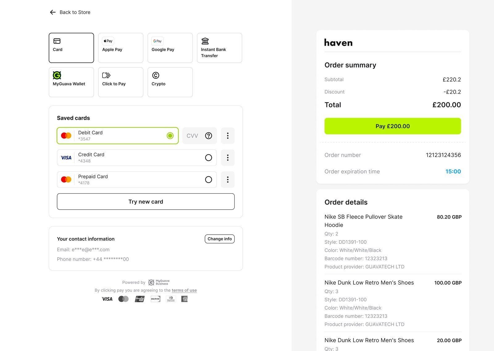 MyGuava Payment checkout on desktop: saved cards and the order summary