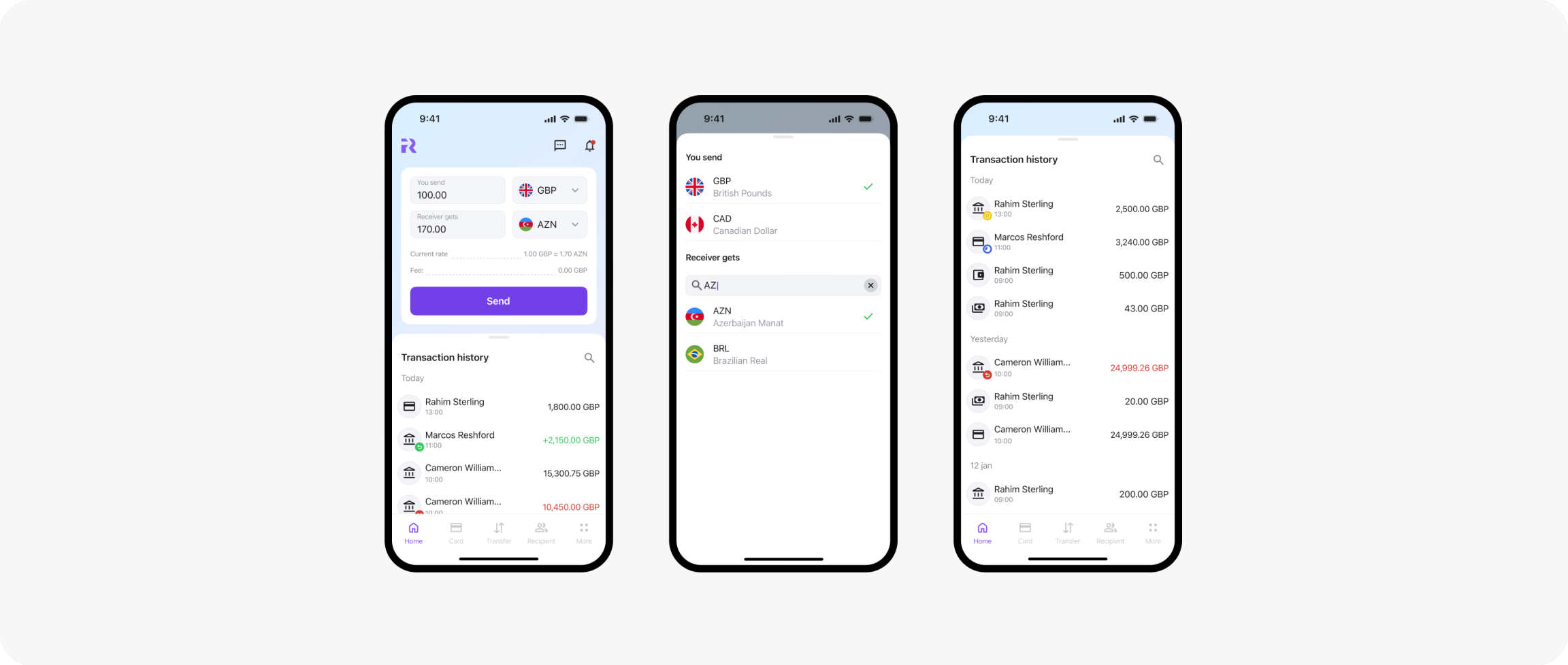Main screen with quick transfer widget