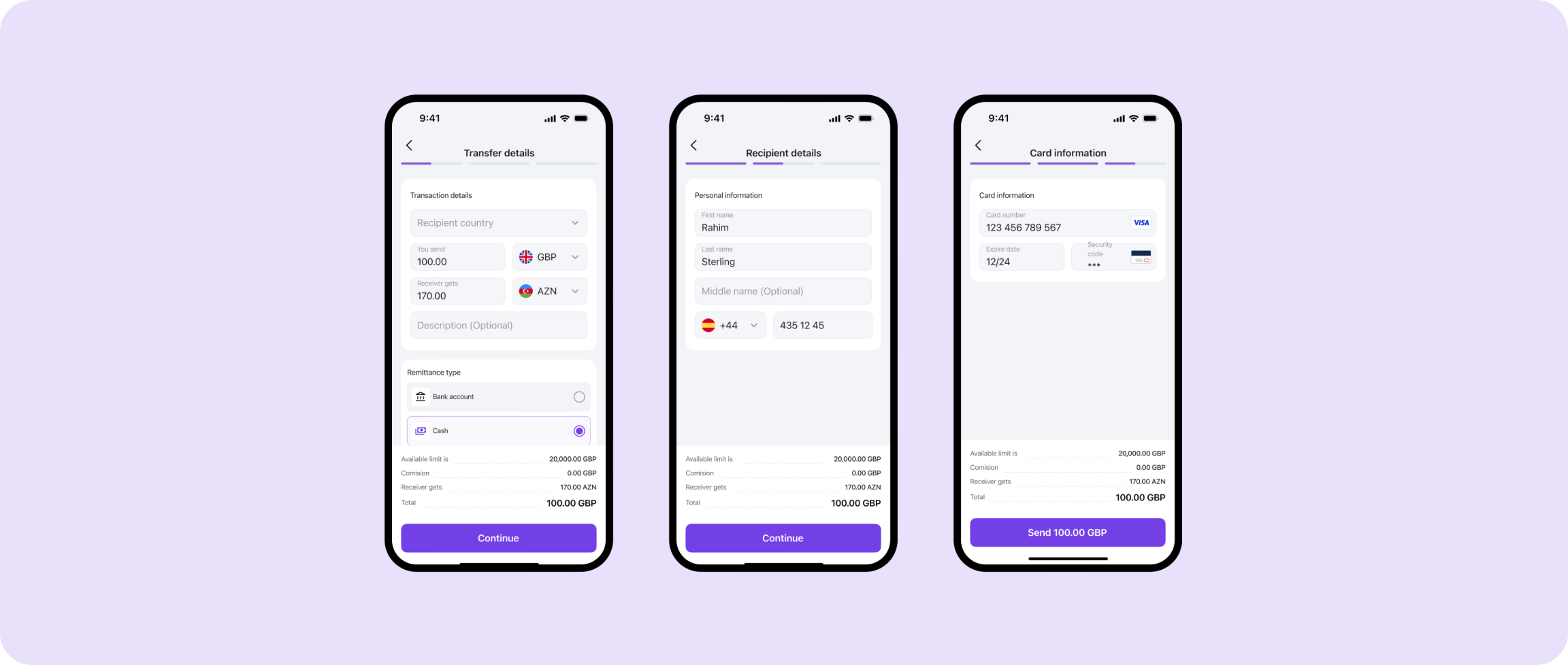 Send money flow with transparent fees